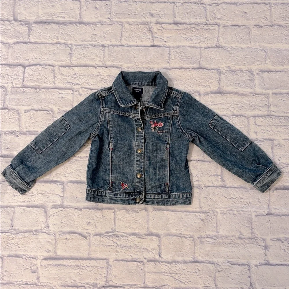 Oshkosh Girls Denim Jean Jacket Pink Floral Embroidery Button Front Girls Size 5